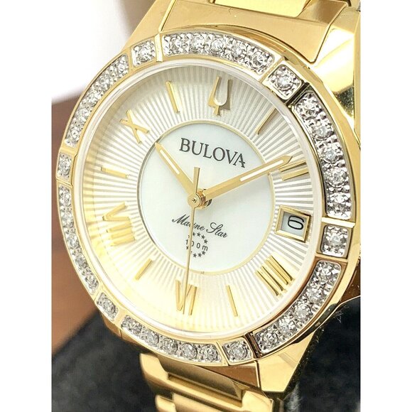 Bulova Women's Watch 98R294 Quartz Mother of Pearl White Dial Gold Crystals 32mm - Picture 1 of 14